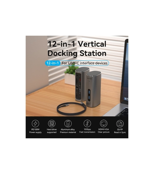 Док-станция Vention TPJH0-EU, USB Type-C, HDMI/VGA/USB/RJ45/SD/3.5мм/PD/DC, USB Type-C