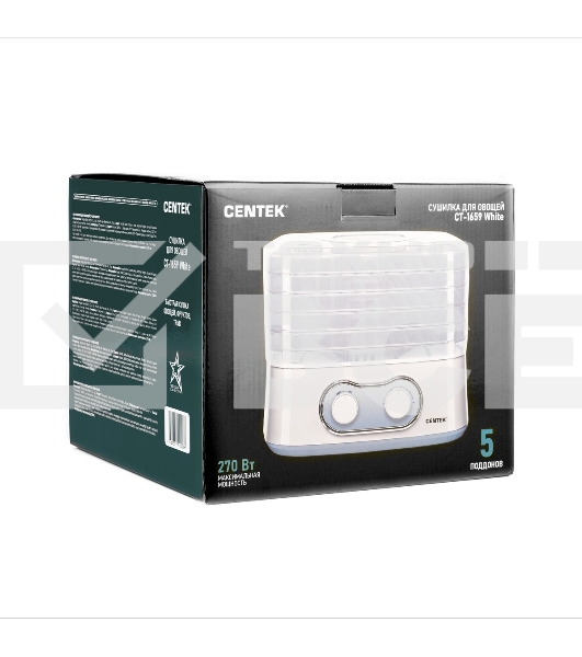 Сушилка для овощей Centek CT-1659 (белый), ОБЪЕМ 5 л, 270Вт, 5 поддонов, механическое управление