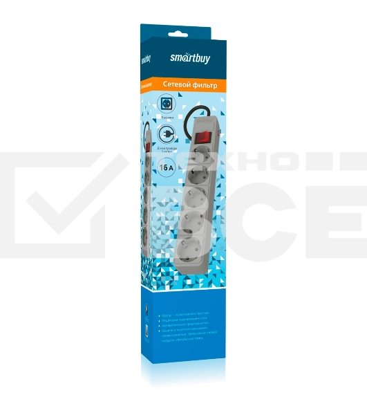 Сетевой фильтр Smartbuy (SBSP-5-30-G) 5 гн х 3,0 м серый