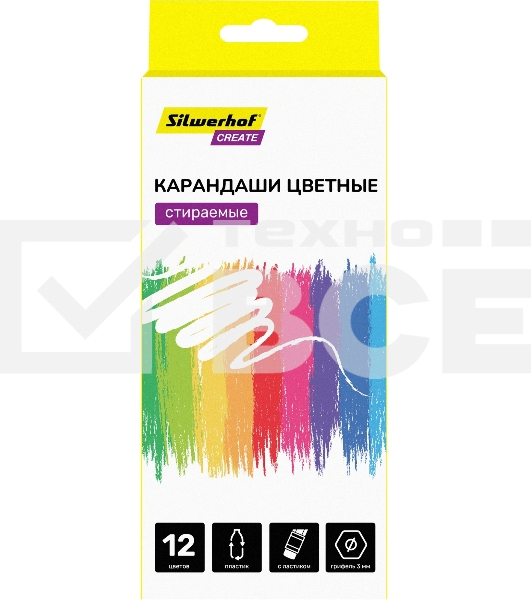 Карандаши цветные Silwerhof Create 3мм, шестигранный профиль, пластик, ассорти, 12 цветов, коробка с европодвесом ластик