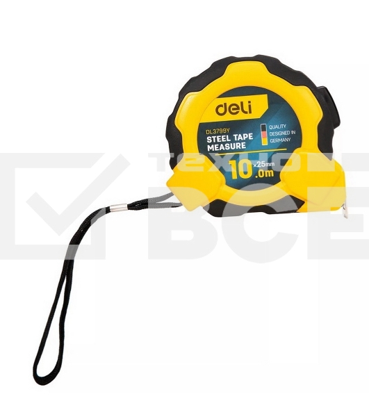 Рулетка Deli DL3799 10м*25мм, Автостоп, ударопрочный корпус, метрическая