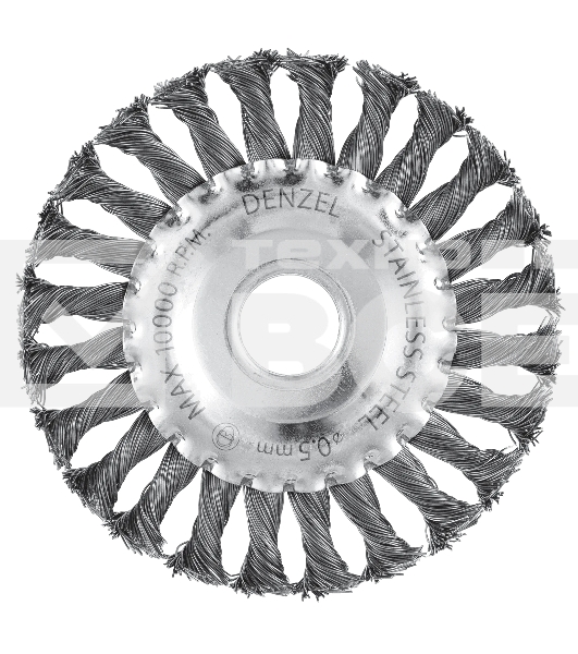 Щетка для УШМ Denzel 125 мм, плоская, крученая нержавеющая проволока 0,5 мм, посадка 22,2 мм