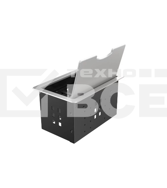 Прямоугольный металлический корпус Wize Pro [WRTS-12BOX-S] для модульной системы врезного лючка в стол с откидывающейся крышкой, до12 модулей-вставок, беспроводная зарядка 10Вт для моб.устройств на крышке, преустановленная рамка,серебр.