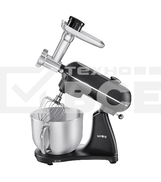 Кухонная машина KORTING KKM 0107 MB N, мощность 1500 Вт, 5 насадок, объем чаши 6.5 л, сенсорный дисплей/механическое управление, планетарное вращение, 11 скоростей, турборежим, импульсный режим, таймер, насадка для смешивания/крюк для теста/веничк/мясоруб