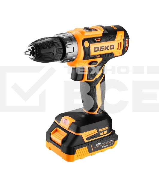 Дрель-шуруповерт аккумуляторная Deko GCD20DU PRO, 20В, 2 АКБ, Кейс + набор 63 инструмента для дома