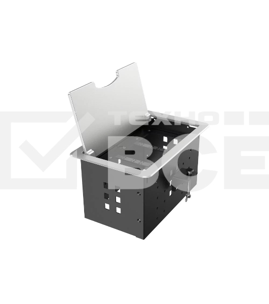 Прямоугольный металлический корпус Wize Pro [WRTS-12BOX-S] для модульной системы врезного лючка в стол с откидывающейся крышкой, до12 модулей-вставок, беспроводная зарядка 10Вт для моб.устройств на крышке, преустановленная рамка,серебр.