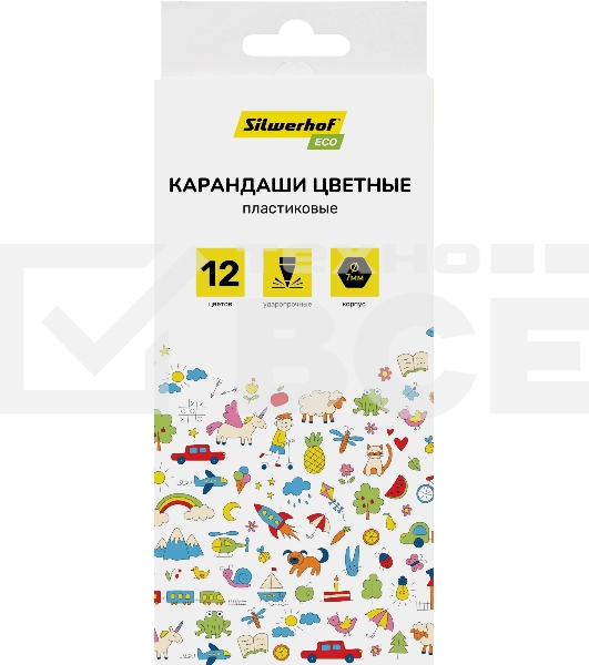 Карандаши цветные Silwerhof Eco 2.6 мм, шестигранный профиль, пластик, ассорти, 12 цветов, коробка с европодвесом