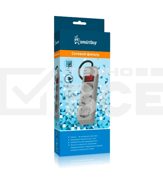Сетевой фильтр 16А, 3500 Вт, 3 гнезда, без з/ш, с з/к, ПВС 3x1.0, 5 м, серый (SBSP-3-50-G)