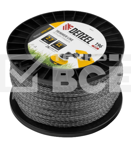 Леска для триммера Denzel двухкомпонентная витой квадрат, 2,7мм х 196м, на DIN катушке EXTRA CORD