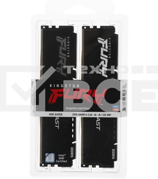 Оперативная память Kingston Fury Beast, DDR5, 64GB (2x32GB), 5600MHz, CL40, DIMM, радиатор, черный