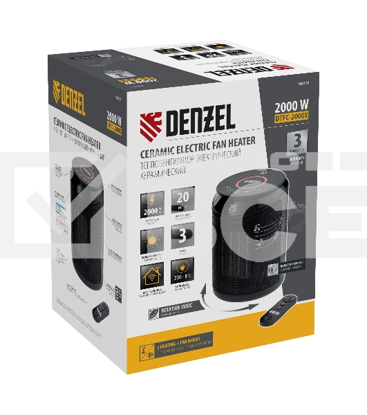 Тепловентилятор керамический Denzel DTFC-2000X, 1000/2000 Вт, 20 м2, 3 режима, пульт, Wi-Fi, термостат