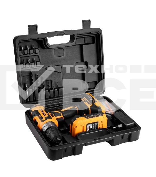 Дрель-шуруповерт аккумуляторная Deko GCD20DU PRO, 20В, 2 АКБ, Кейс + набор 63 инструмента для дома