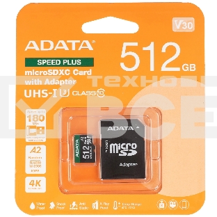 Флеш карта microSD ADATA 512Gb microSDXC Class 10 UHS-I U3 V30 A2 180/160 MB/s (SD адаптер)