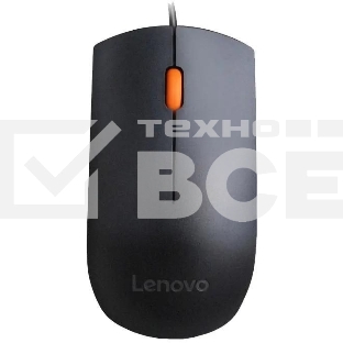 Мышь проводная Lenovo 300 черный, 1600 dpi, USB, кнопки - 3