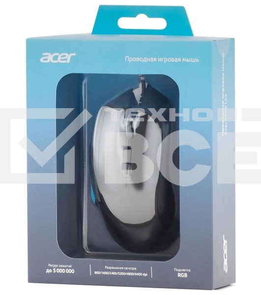 Мышь проводная Acer OMW123 черный, 6400 dpi, USB, кнопки - 8