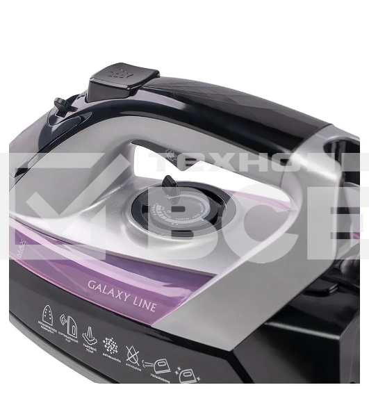 Утюг Galaxy Line GL 6128, фиолетовый с черным, паровой, 2200 Вт, постоянный пар 30 г/мин, паровой удар 140 г/мин, функции: самоочистка, антикапля, антинакипь, функция увлажнения, вертикальное отпаривание, защита от перегрева, индикатор нагрева, керамическое покрытие подошвы, резервуар для воды 170 мл