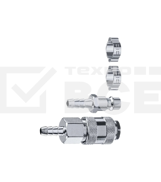 Набор (штуцер 'елочка' 8 мм - рапид муфта) + (рапид штуцер-штуцер 'елочка' 8 мм) + (обжимные хомуты 2 шт) Зубр Профессионал