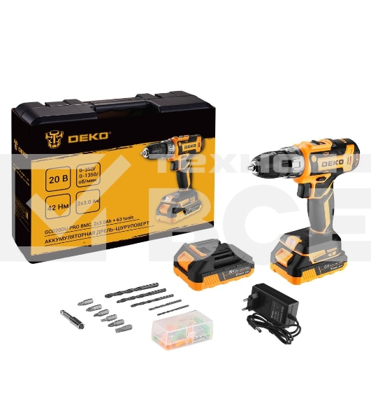 Дрель-шуруповерт аккумуляторная Deko GCD20DU PRO, 20В, 2 АКБ, Кейс + набор 63 инструмента для дома