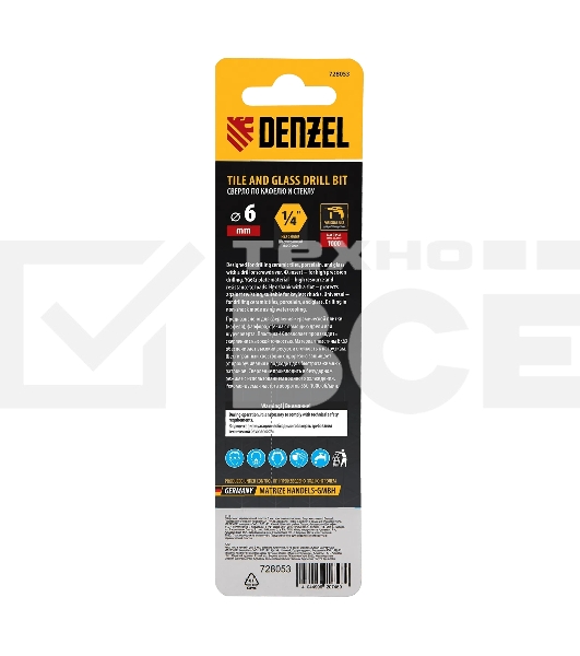 Сверло по керамической плитке Denzel 6 мм, крестовая пластина, 6-гр. хвостовик