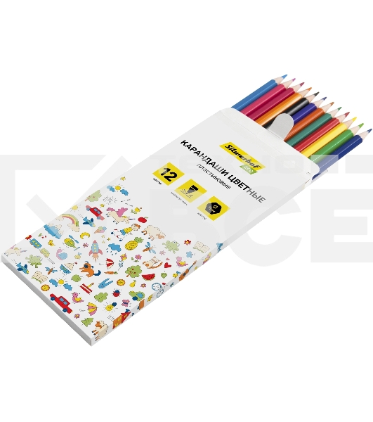 Карандаши цветные Silwerhof Eco 2.6 мм, шестигранный профиль, пластик, ассорти, 12 цветов, коробка с европодвесом