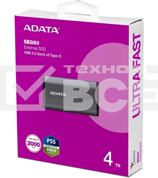Внешний SSD ADATA Elite SE880, 4TB, USB 3.2 Gen 2x2 Type-C, R/W 2000/2000, серый