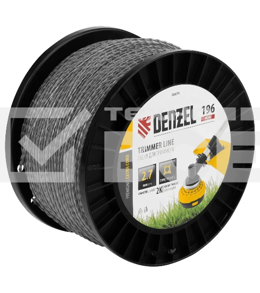 Леска для триммера Denzel двухкомпонентная витой квадрат, 2,7мм х 196м, на DIN катушке EXTRA CORD