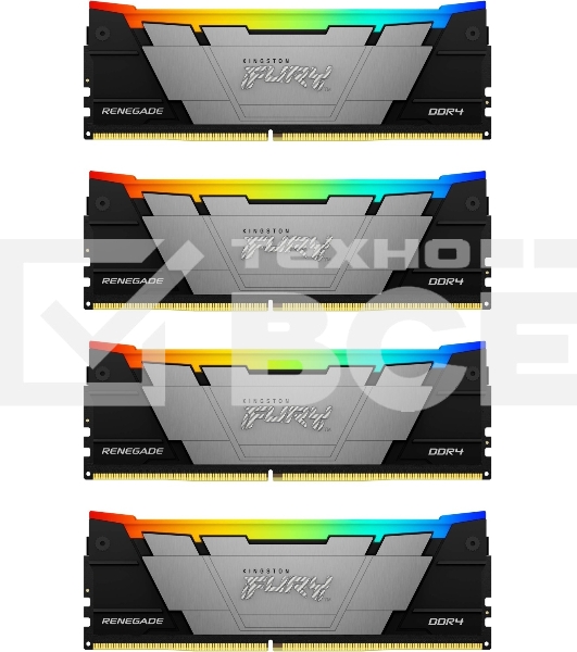 Оперативная память Kingston Fury Renegade, DDR4, 32GB (4x8GB), 3200MHz, CL16, с радиаторами, RGB, серебристый/черный