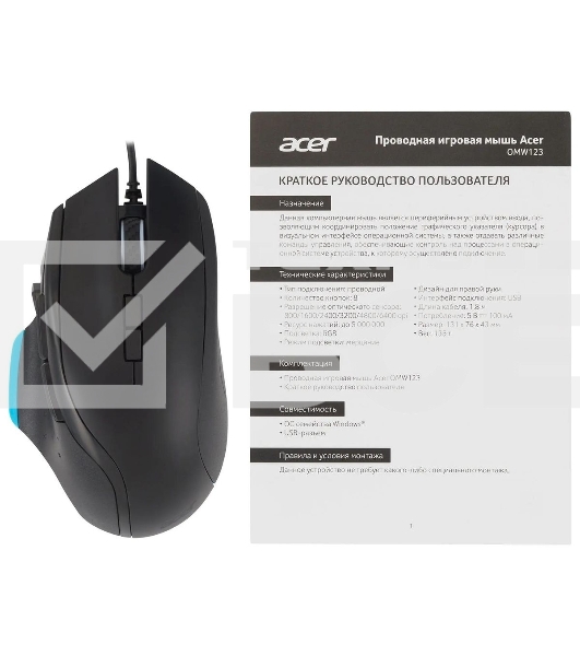 Мышь проводная Acer OMW123 черный, 6400 dpi, USB, кнопки - 8