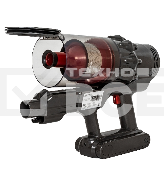 Пылесос вертикальный Supra VCS-5080 красный/серый, питание от аккумулятора, 250 Вт, уборка сухая, пылесборник 0.8 л