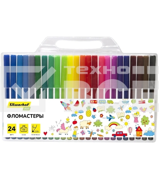 Фломастеры Silwerhof Eco 7.5мм 125мм, вентилируемый колпачок, 24 цвета, пакет с европодвесом