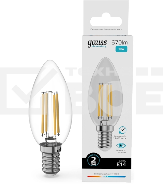 Лампа филам. Gauss Filament 10Вт цок.:E14 свеча св.свеч.бел.нейт. (упак.:10шт) (32120)