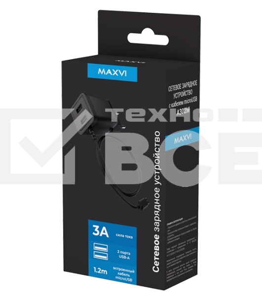 Сетевое зарядное устройство Maxvi A302M 2хUSB 3А 15W + литой кабель MicroUSB 1.2м, черный