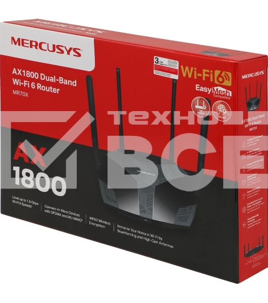 Роутер Mercusys MR70X AX1800 Dual-Band WiFi 6 Router, 574 Mbps at 2.4 GHz + 1201 Mbps at 5 GHz,4× Fixed External Antennas, 3× Gigabit LAN Ports, 1× Gigabit WAN Port, 1024-QAM, OFDMA, Router/Access Point Mode, MU-MIMO, WPA3, TWT, BSS Color