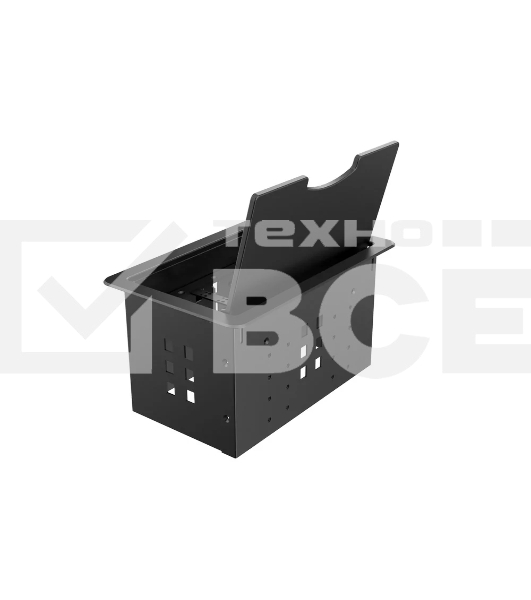 Прямоугольный металлический корпус Wize Pro [WRTS-12BOX-B] для модульной системы врезного лючка в стол с откидывающейся крышкой, до12 модулей-вставок, беспроводная зарядка 10Вт для моб.устройств на крышке, преустановленная рамка,черный