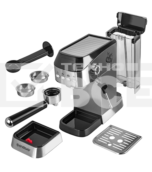 Кофеварка рожкового типа электрическая Endever Costa-1089, объем-1,2л, цвет стальной/черный, мощность 1350 Вт, давление 20 бар