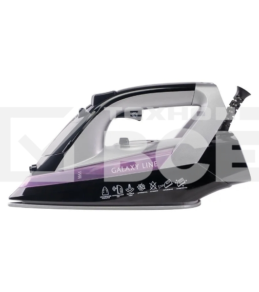 Утюг Galaxy Line GL 6128, фиолетовый с черным, паровой, 2200 Вт, постоянный пар 30 г/мин, паровой удар 140 г/мин, функции: самоочистка, антикапля, антинакипь, функция увлажнения, вертикальное отпаривание, защита от перегрева, индикатор нагрева, керамическое покрытие подошвы, резервуар для воды 170 мл