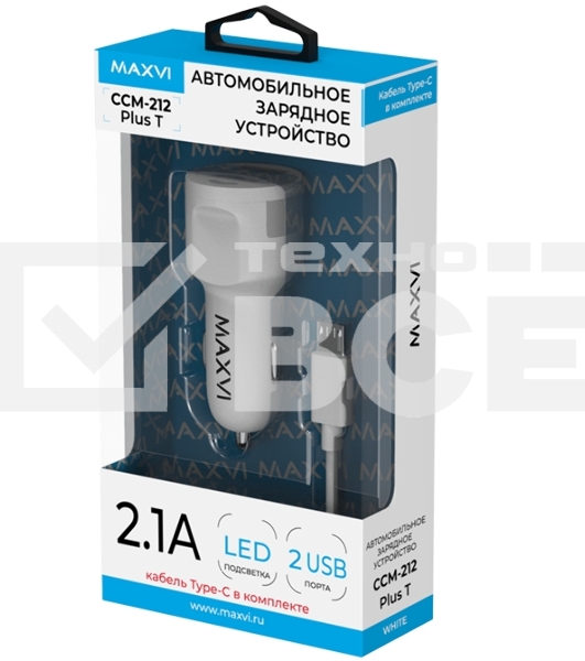 Автомобильное зарядное устройство Maxvi CCM-212 Plus T белый 2.1A