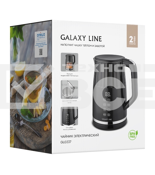 Чайник электрический Galaxy Line GL 0337, черный, пластик, 2200 Вт, 1,7 л