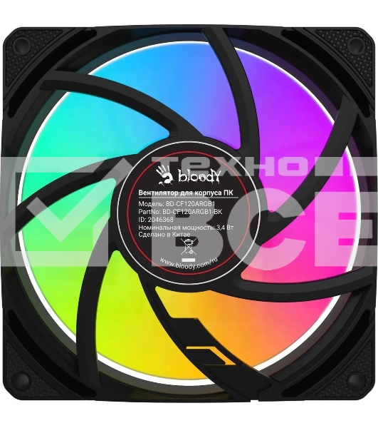 Вентилятор для корпуса Bloody BD-CF120ARGB1 ARGB черный, 120 мм, 1600 об/мин, 26 дБ, 4 pin