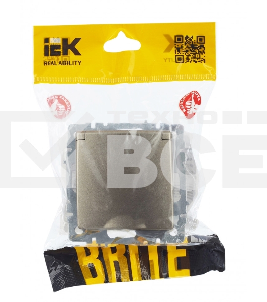 Розетка 1-местная IEK BRITE РСбш10-3-44-БрШ с заземлением, с защитными шторками и крышкой, 16А, IP44, шампань