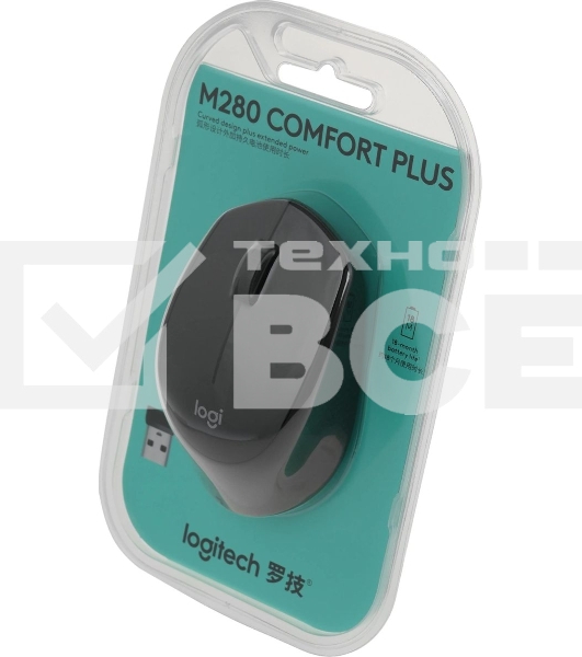 Мышь беспроводная Logitech M280 черный, 1000 dpi, радиоканал, USB, кнопки - 3
