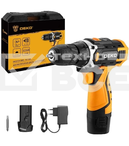 Дрель-шуруповерт аккумуляторная Deko DKCD12V, 12В, 2АКБ, Кейс