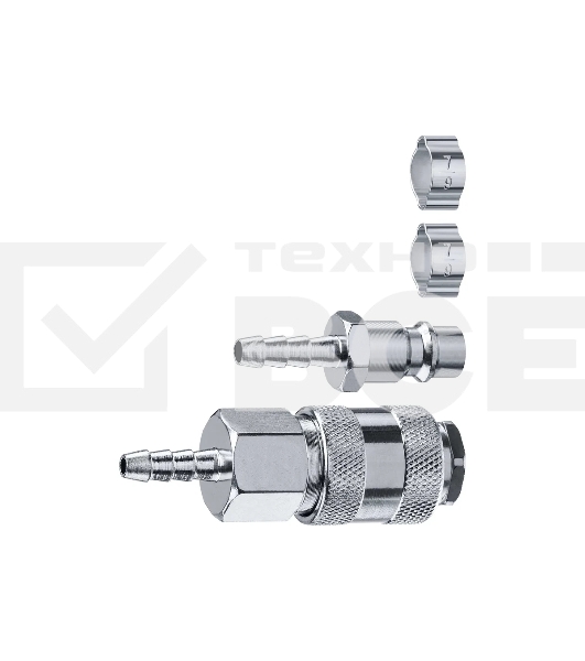 Набор (штуцер 'елочка' 6 мм - рапид муфта) + (рапид штуцер-штуцер 'елочка' 6 мм) + (обжимные хомуты 2 шт) ЗУБР Профессионал