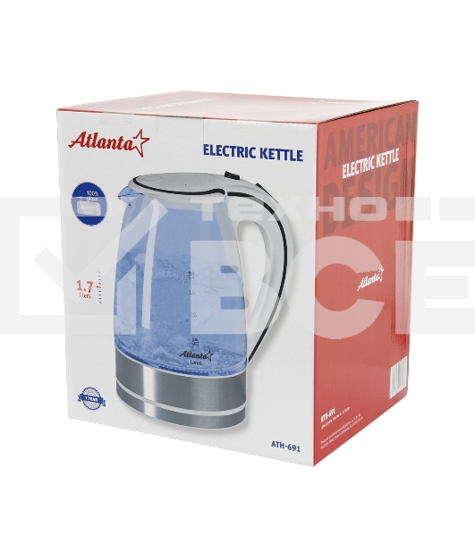 Чайник Atlanta, ATH-691 белый, стекло Стекло, 2,0л, 2000 Вт, иллюминация, быстрое закипание, фильтр от накипи, защита от перегрева.