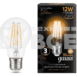 Лампа светодиодная Gauss Filament 102902112 12Вт цок.:E27 груша 185B св.свеч.бел.теп. грушевидная (упак.:10шт)