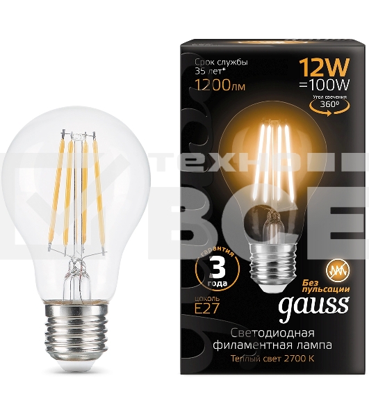 Лампа светодиодная Gauss Filament 102902112 12Вт цок.:E27 груша 185B св.свеч.бел.теп. грушевидная (упак.:10шт)