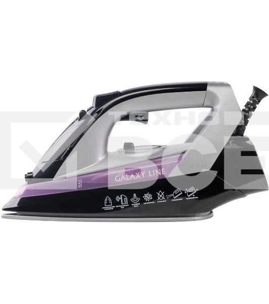 Утюг Galaxy Line GL 6128, фиолетовый с черным, паровой, 2200 Вт, постоянный пар 30 г/мин, паровой удар 140 г/мин, функции: самоочистка, антикапля, антинакипь, функция увлажнения, вертикальное отпаривание, защита от перегрева, индикатор нагрева, керамическое покрытие подошвы, резервуар для воды 170 мл
