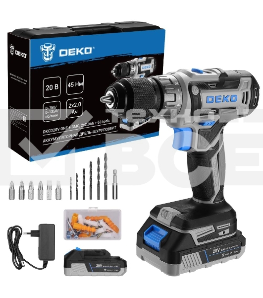 Аккумуляторная дрель-шуруповерт DEKO DKCD20V ONE + в кейсе + набор 63 инструмента для дома, 20В, 2x2.0Ач