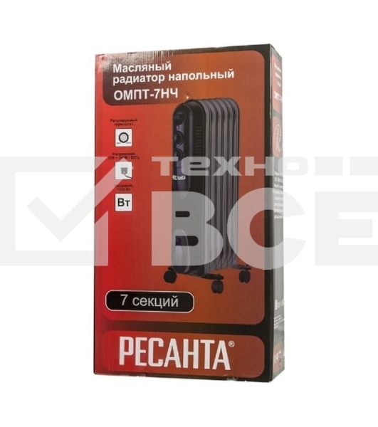Масляный обогреватель Ресанта ОМПТ-7НЧ (7 секций) черный, 1500 Вт, 15 м2, термостат 67/3/13