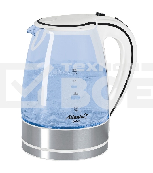 Чайник Atlanta, ATH-691 белый, стекло Стекло, 2,0л, 2000 Вт, иллюминация, быстрое закипание, фильтр от накипи, защита от перегрева.